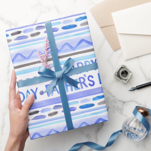 Happy Father's Day Blue Watercolor Stripes Wrapping Paper (Gifting)