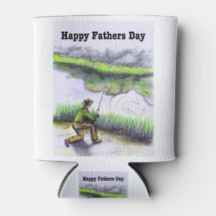 Happy Fathers Day Card fishing for trout salmon Can Cooler