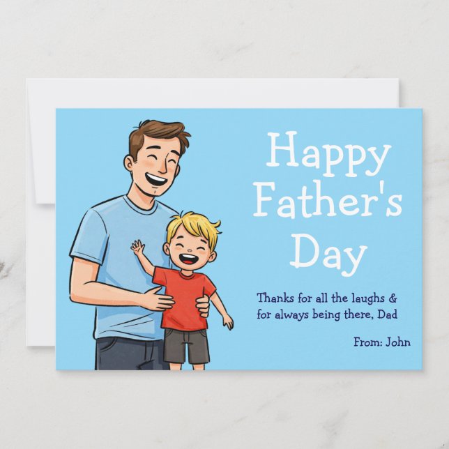 Happy Father's Day Cartoon Dad & Son Blue  Holiday Card (Front)