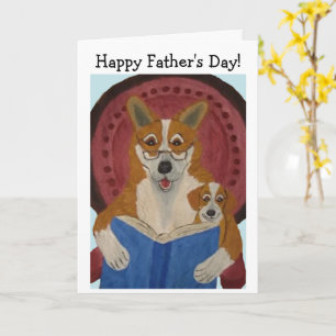 Happy Father's Day Corgi reading to Puppy Card