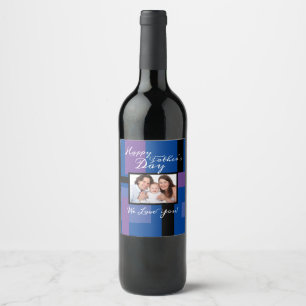 Happy Father's Day Custom 1 Photo Blue Wine Label