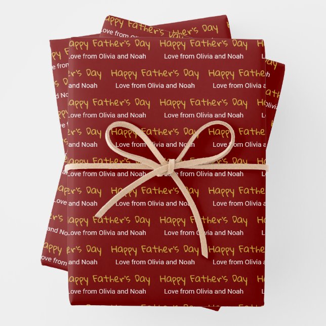 Happy Father's Day Deep Red White Children Names Wrapping Paper Sheet (In situ)
