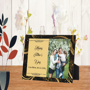 Happy Father's Day Family Photo Gold Leafy Swirls  Plaque