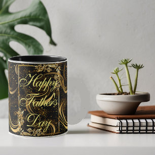 Happy Father's Day Gold Calligraphy Black Swirls  Mug