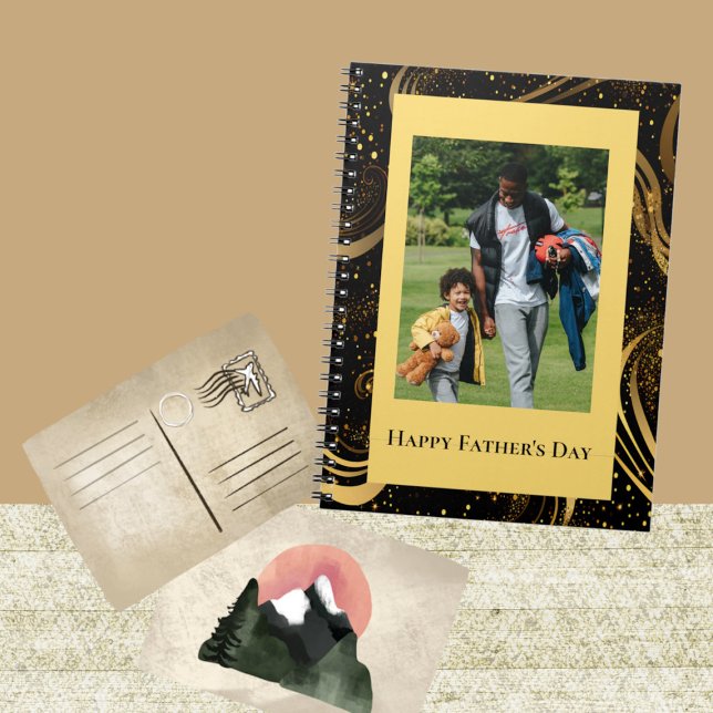 Happy Father's Day Gold Leafy Black Swirls Photo  Notebook (Happy Father's Day Gold Leafy Black Swirls Photo Notebook)