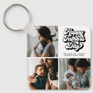 Happy Fathers Day Groovy Retro Three Photo Keychain