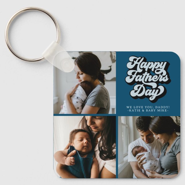 Happy Fathers Day Groovy Retro Three Photo | Teal  Keychain (Front)