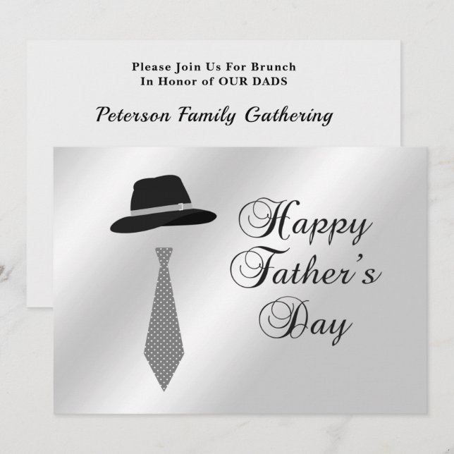 Happy Fathers Day Hat Grey Dot Tie Family Brunch Invitation (Front/Back)