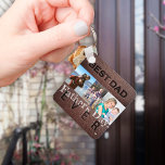 Happy Fathers Day love you dad 3 photos Keychain<br><div class="desc">Vintage dark brown leather look "BEST DAD EVER" (front) and 'LOVE YOU DAD" (back) bold typography embossed looking (IT IS NOT REAL EMBOSSED LEATHER,  THE EMBOSS EFFECT IS PAPER PRINTED!) Father's Day create your own keychain personalized on both faces with your 3 photos,  your text,  and signature.</div>