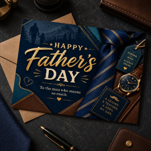 Happy Fathers Day Navy Gold Tie Watch Dad Keepsake Postcard