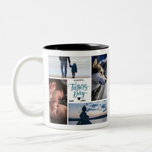 happy father's day photo collage Custom Names Two-Tone Coffee Mug (Left)