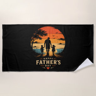 Happy Fathers Day Retro Sunset Dad Son Beach Towel