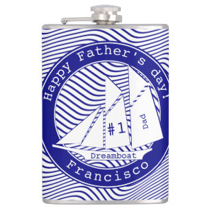 Happy Father's Day Schooner on Navy Waves Hip Flask