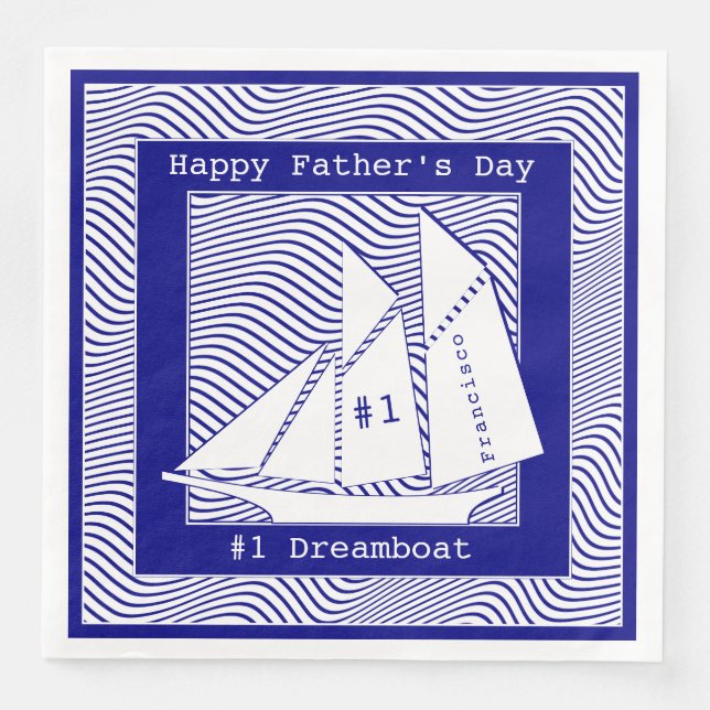 Happy Father's Day Schooner on Navy Waves Napkin (Front)