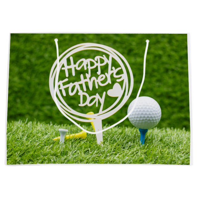 Happy Father's Day sign with golf ball on green  Large Gift Bag (Front)