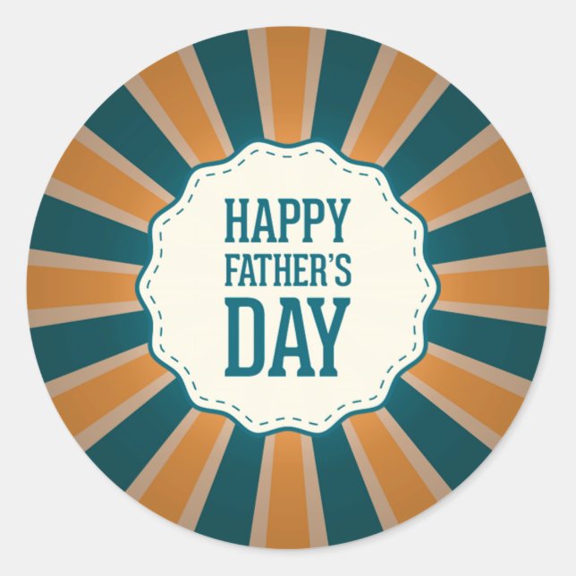 Happy Father's Day Sunburst  in Orange and Blue Classic Round Sticker (Front)