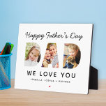 Happy Fathers Day We Love You Photo Plaque<br><div class="desc">A heartfelt plaque sign featuring "Happy Father's Day" in elegant script with "We Love You" in bold type, surrounded by multiple custom family photos and personalized children's names with a heart accent. All text and photos are fully customizable — a meaningful Father's Day, birthday, or holiday keepsake gift that Dad...</div>