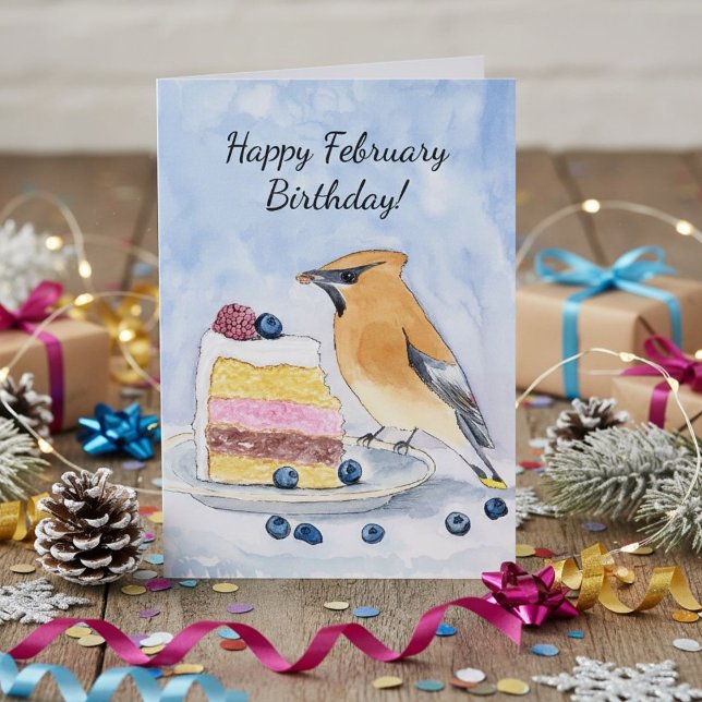  Happy February Birthday Cedar Waxwing Cake Card (Creator Uploaded)