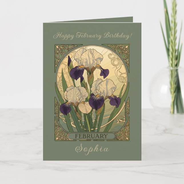 Happy February Birthday Iris Flowers Card (Front)