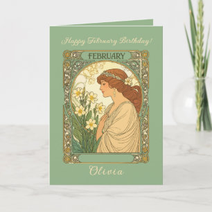 Happy February Birthday Primrose Flowers Art Nouve Card