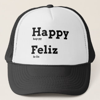 Happy Feliz Educational Fashion Language Flashcard Trucker Hat