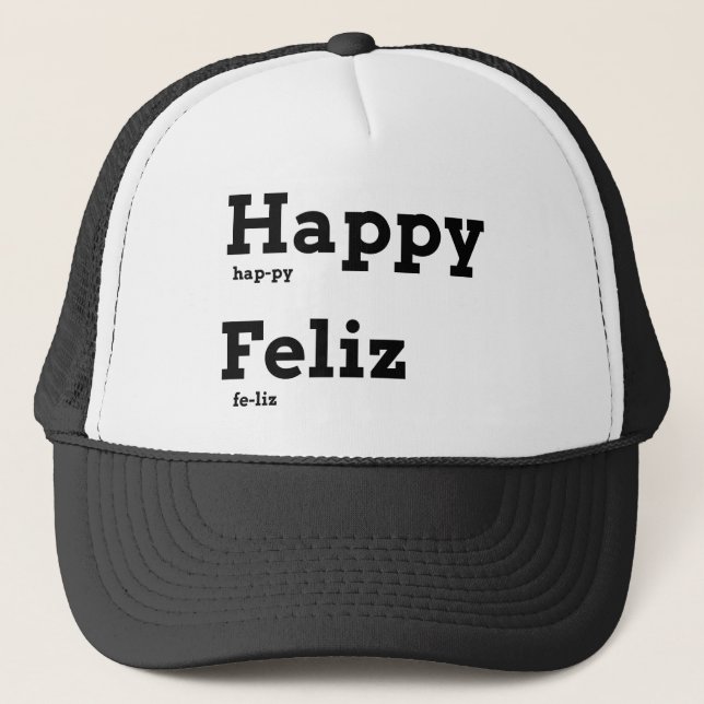 Happy Feliz Educational Fashion Language Flashcard Trucker Hat (Front)