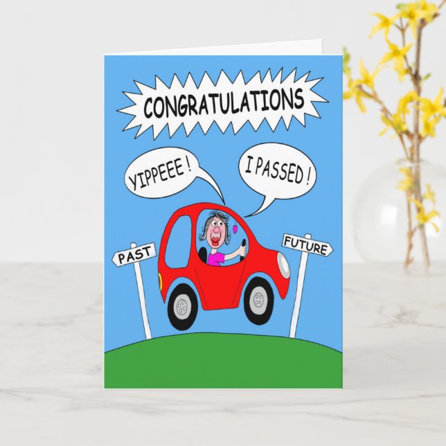 Happy Female Passed Driving Test  Card (Yellow Flower)
