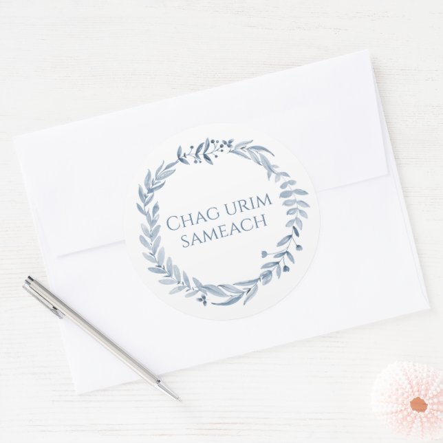 Happy Festival Of Light Hanukkah Blue Wreath Classic Round Sticker (Envelope)