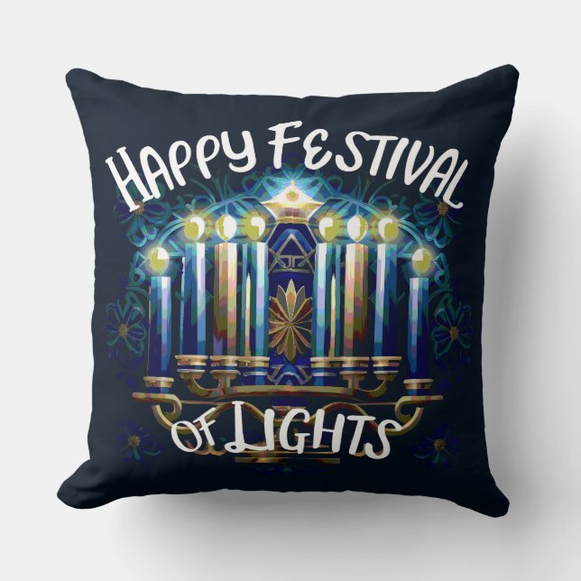 Happy Festival of Lights Hanukkah Menorah Throw Pillow (Front)