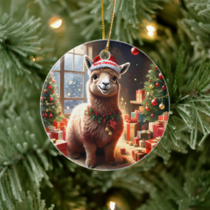 Happy Festive Alpaca Christmas,  Ceramic Ornament