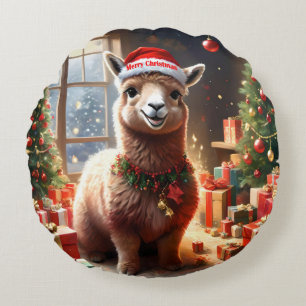 Happy Festive Alpaca Christmas, Round Pillow