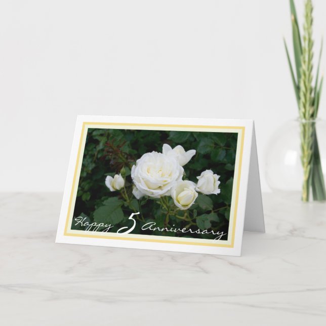 Happy Fifth Wedding Anniversary, 5 White Roses Card (Front)