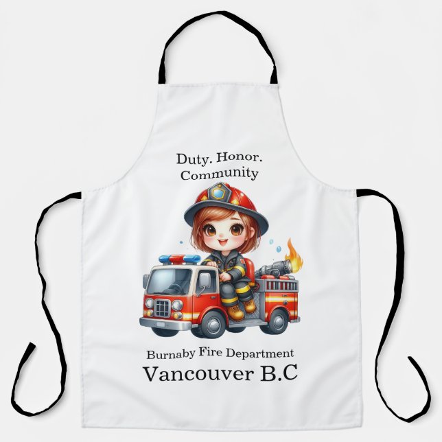 Happy firefighter drives red truck apron (Front)