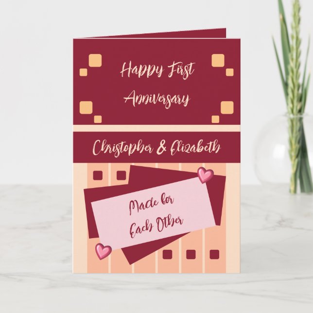 Happy First Anniversary add names burgundy coral Card (Front)
