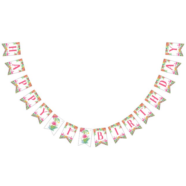 Happy First Birthday Banner, Flamingos Bunting Flags (All)
