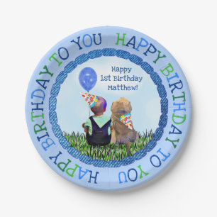 Happy First Birthday Boy and Dog Paper Plate