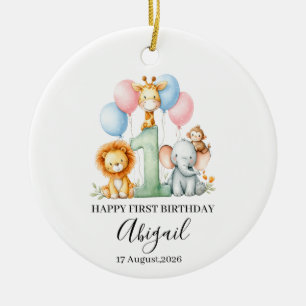 Happy First Birthday Safari Animal Custom Name Art Ceramic Ornament