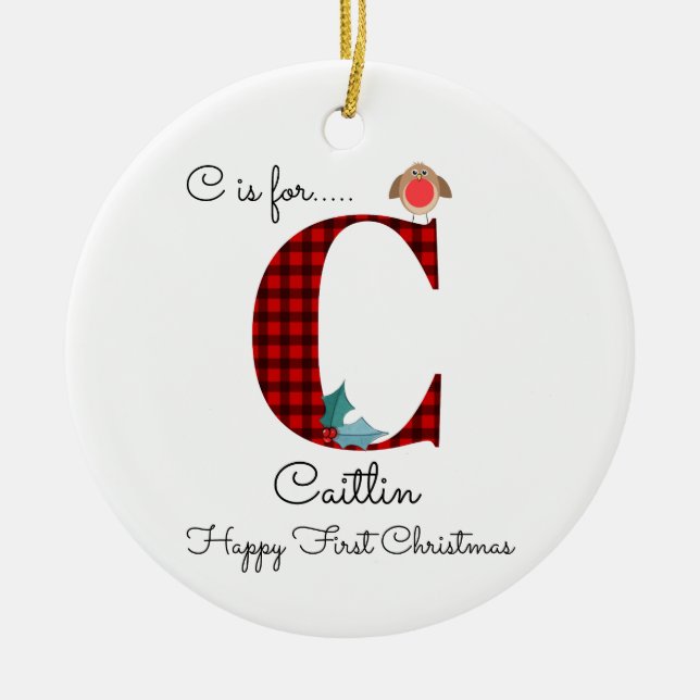 Happy first Christmas c lumberjack robin tree Ceramic Ornament (Front)