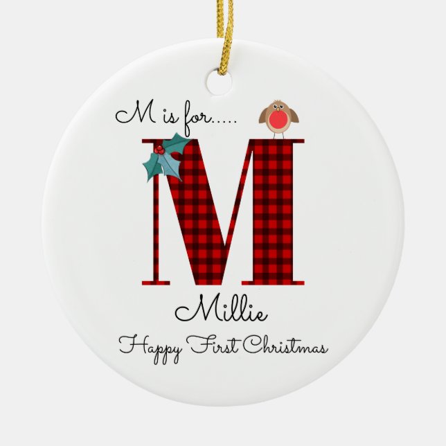 Happy first Christmas M lumberjack robin tree Ceramic Ornament (Front)