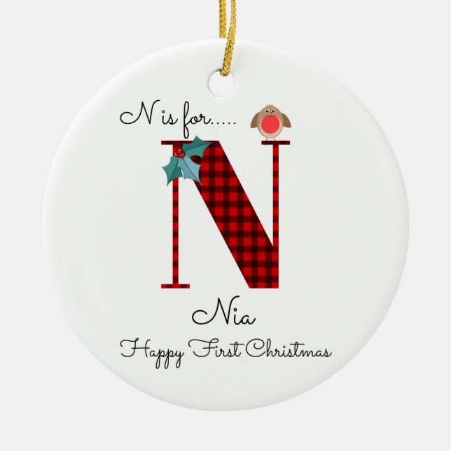 Happy first Christmas N lumberjack robin tree Ceramic Ornament (Front)