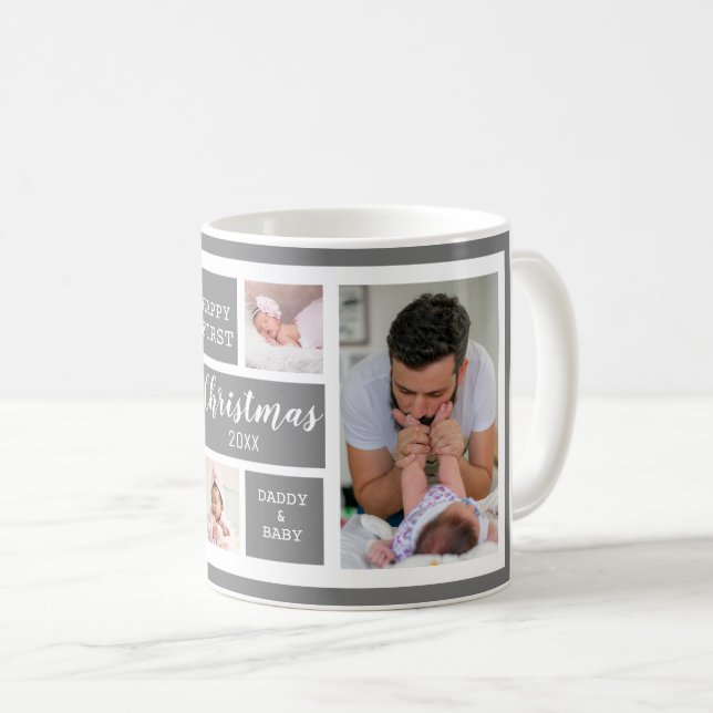 Happy First Christmas New Dad 5 Photo Collage Grey Coffee Mug (Front Right)