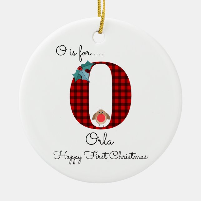 Happy first Christmas O lumberjack robin tree Ceramic Ornament (Front)