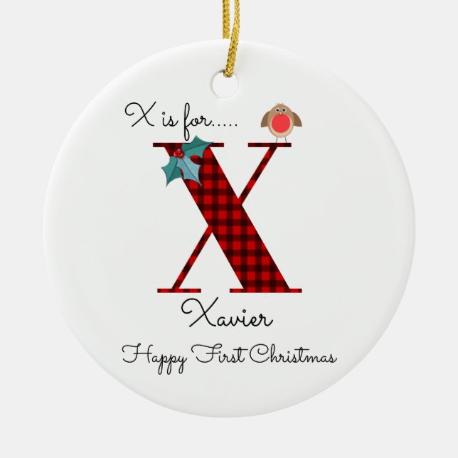 Happy first Christmas x lumberjack robin tree Ceramic Ornament (Front)