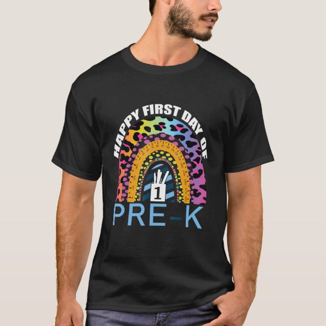 Happy First Day Of Pre K Teacher Rainbow Leopard N T-Shirt (Front)