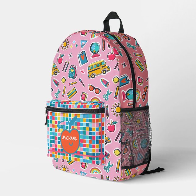 Happy First Day Of School Monogram Personalized Printed Backpack (Back Corner Right)