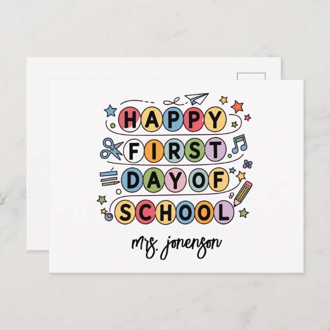 Happy First Day of School Personalized Name Holiday Postcard (Front/Back)