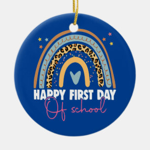 Happy First Day Of School Rainbow Leopard Women Ceramic Ornament