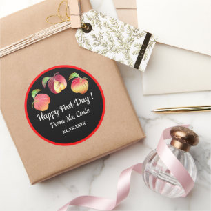 Happy First Day Whimsical Bouncing Apples Custom Classic Round Sticker