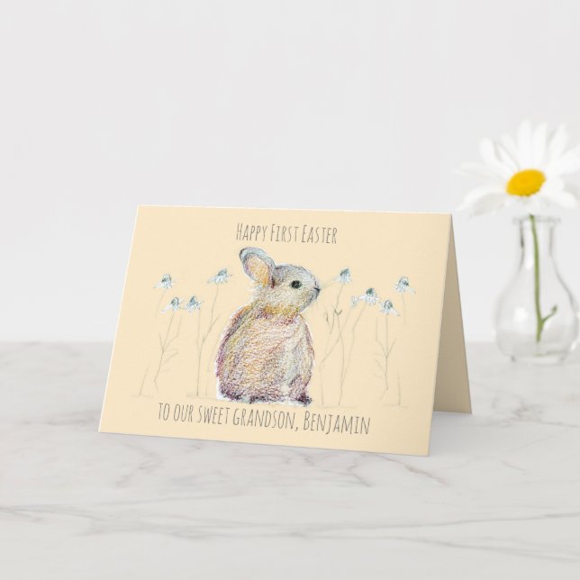 Happy First Easter Grandson Baby Rabbit Custom Card (Small Plant)