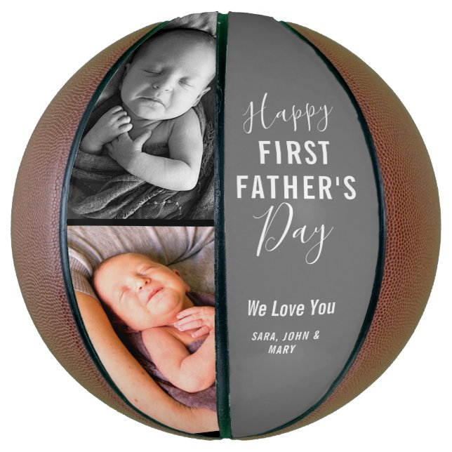 Happy First Father’s Day Baby 2 Photo Name Script Basketball (Vertical)